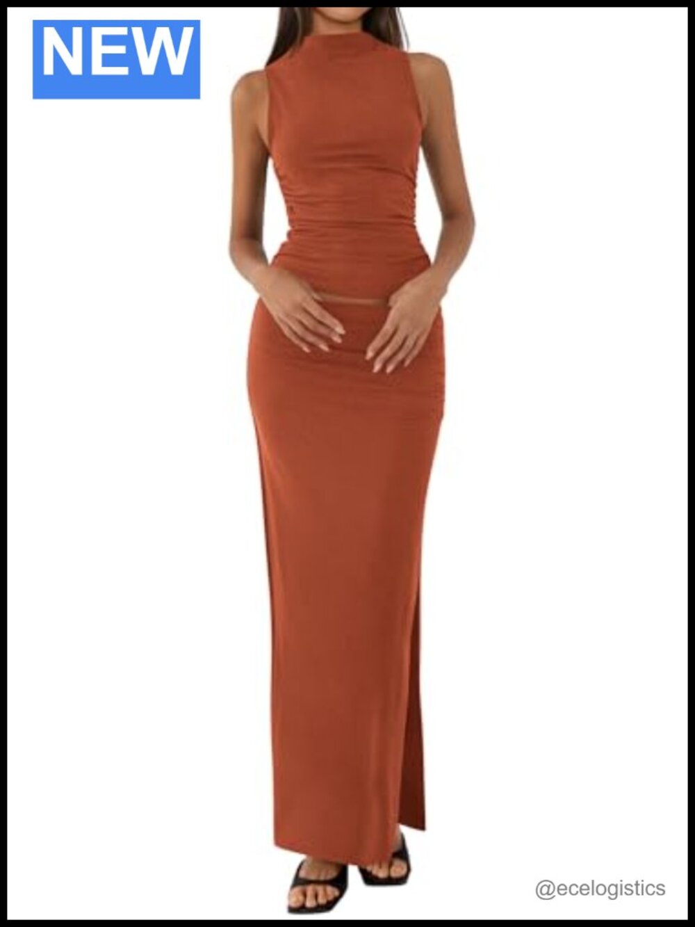 Two Piece Skirt Set Mock Neck Sleeveless Maxi Knit Bodycon